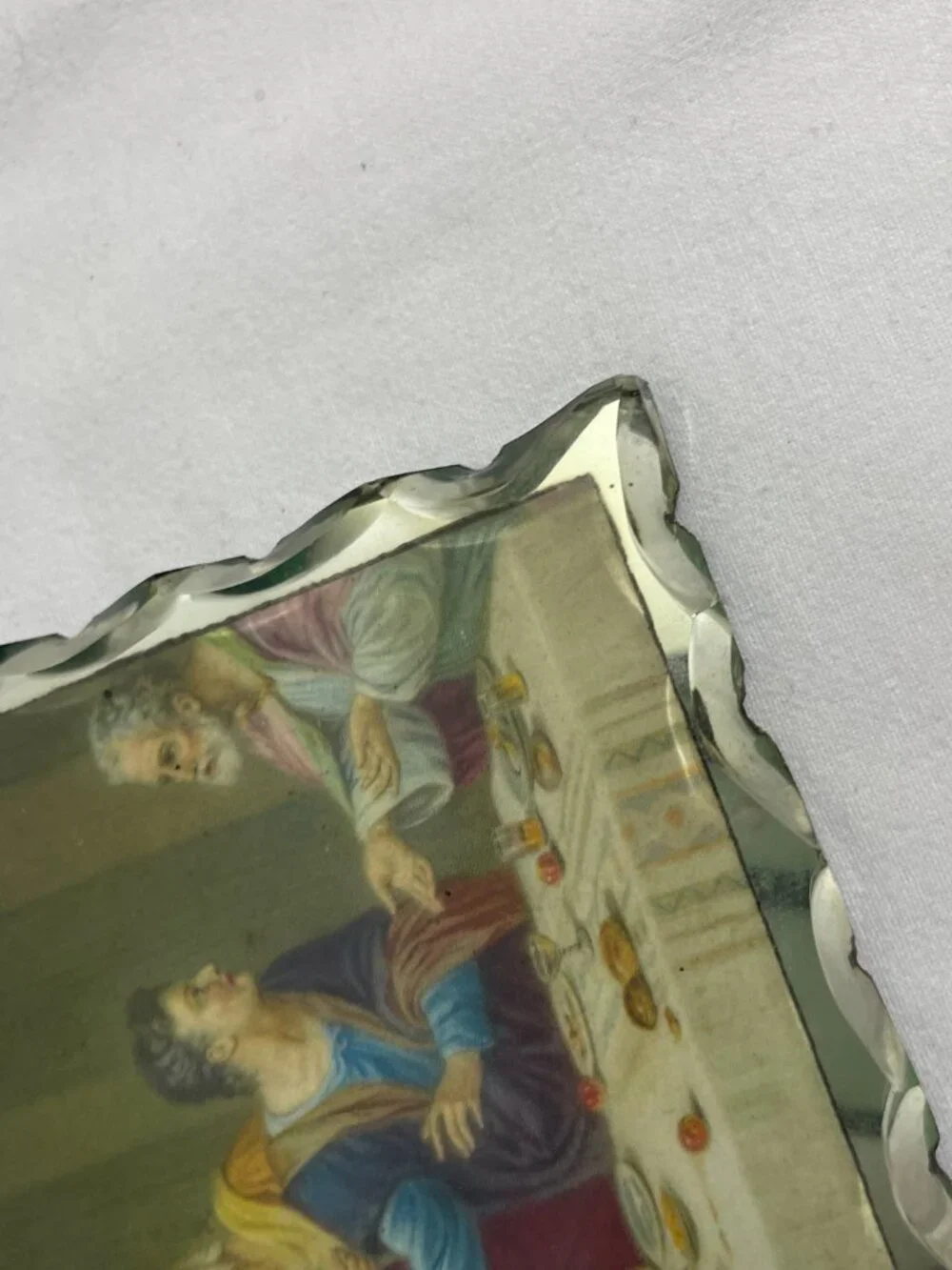 Vintage Last Supper Reverse Painted Glass Wall Plaque Scalloped Beveled Glass 10